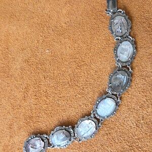 Small Vintage Carved Shell Cameo Story Bracelet 800 Silver Marcasite Chips 16gms
